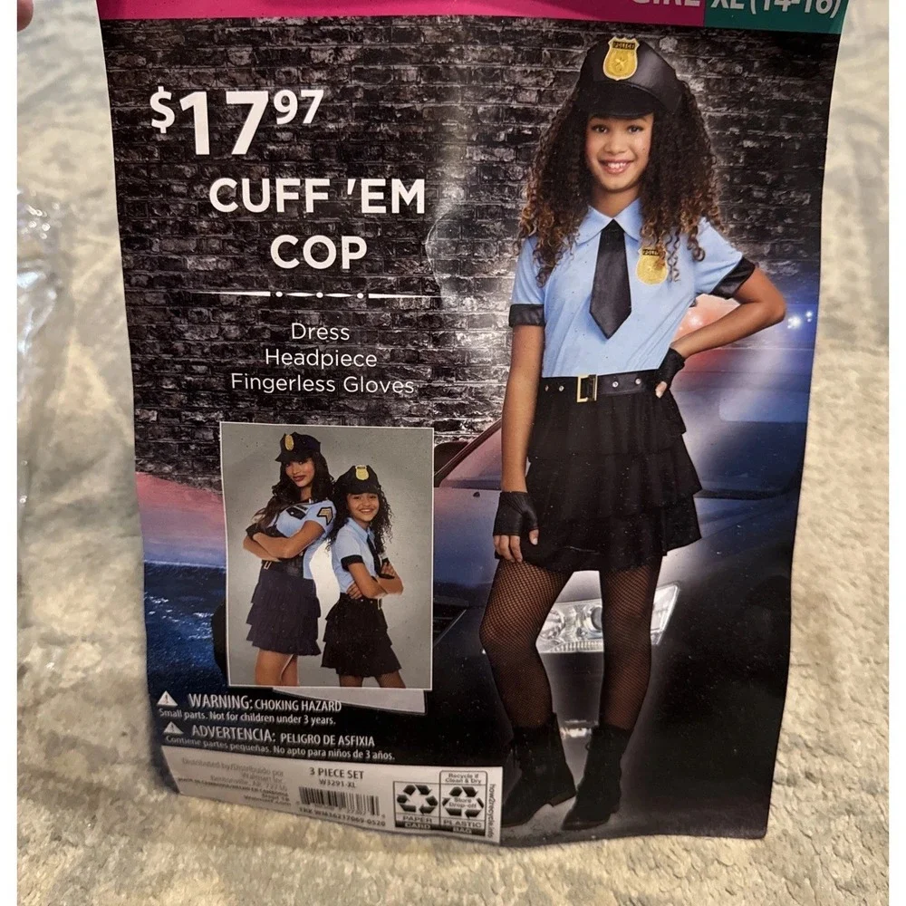 Youth‎ Girls Blue Black Police Cuff Em' Cop Halloween Costume Dress  XL (14-16)